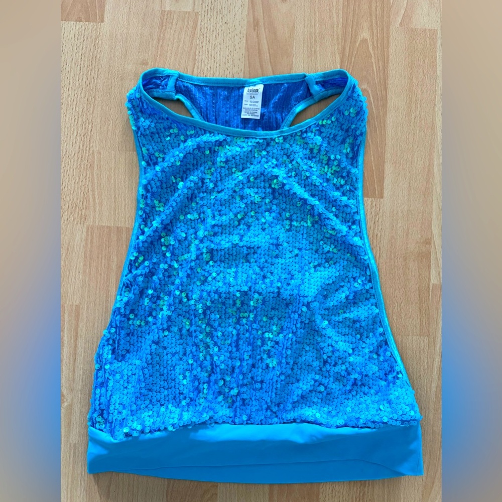 Balera size SA adult Blue Sequin Holographic Jazz Dance top like new